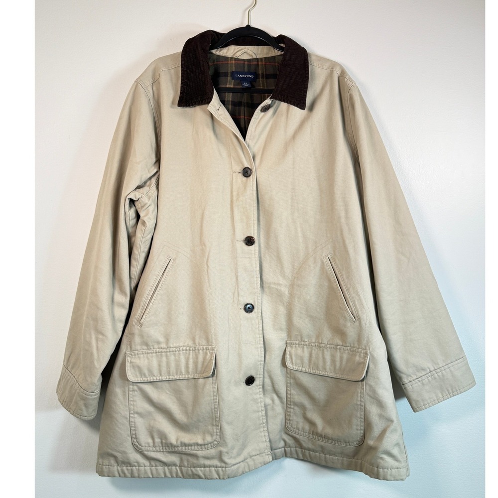 Lands End Barn Coat Women 2X Field Jacket Tan Corduroy Collar Canvas RanchEUC